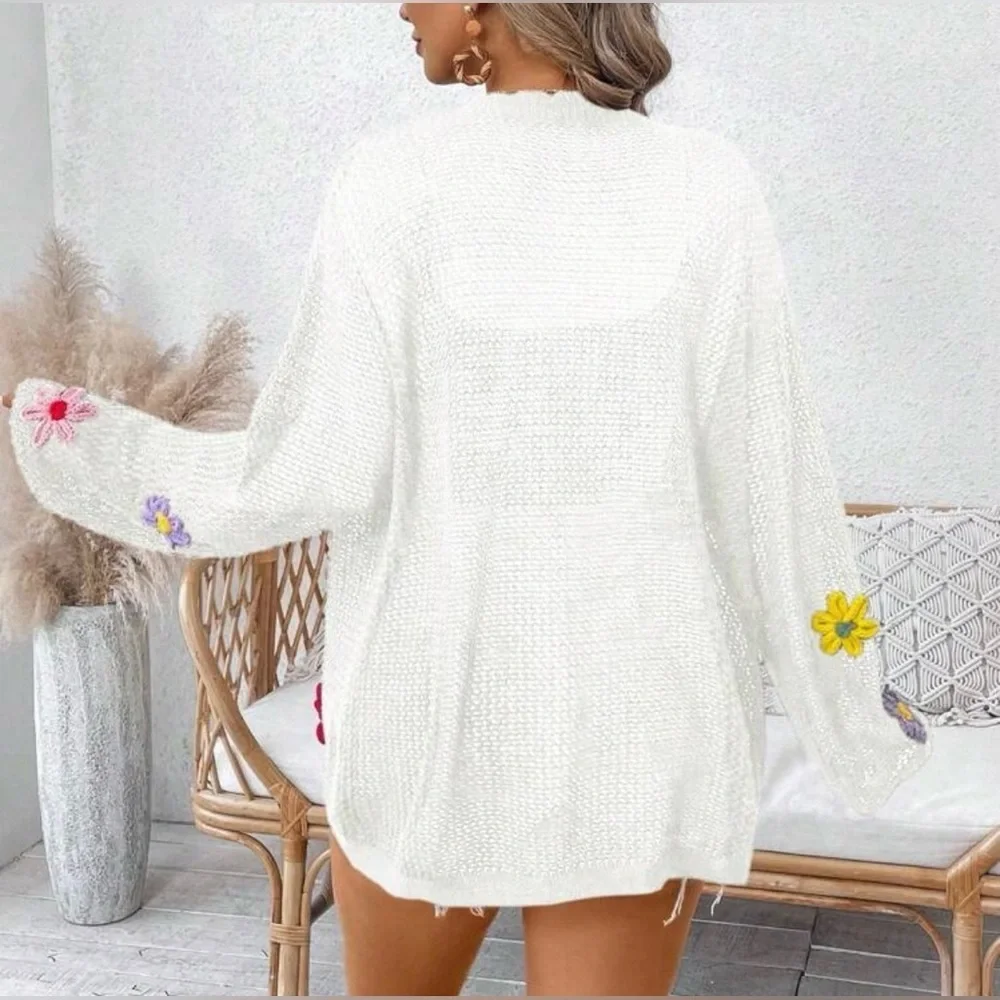 Floral Embroidered White Cardigan Sweater